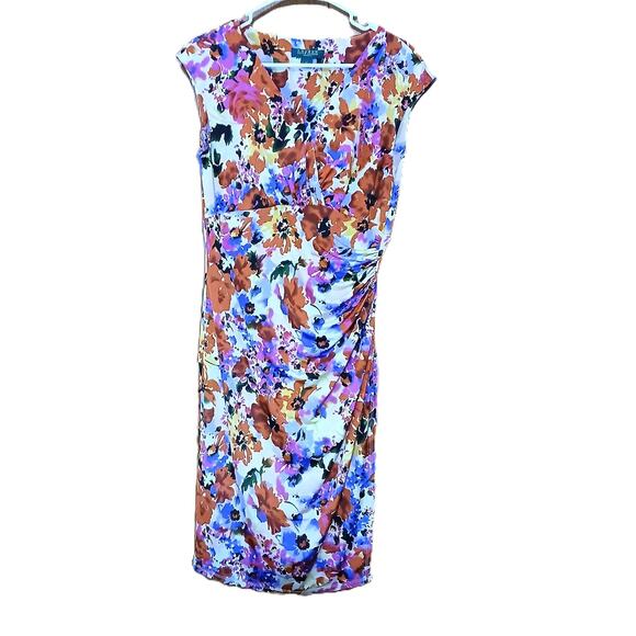 Lauren Ralph Lauren Dress Multi Floral/ Pull On / Ruched Faux Wrap/size 10 - Picture 3 of 9